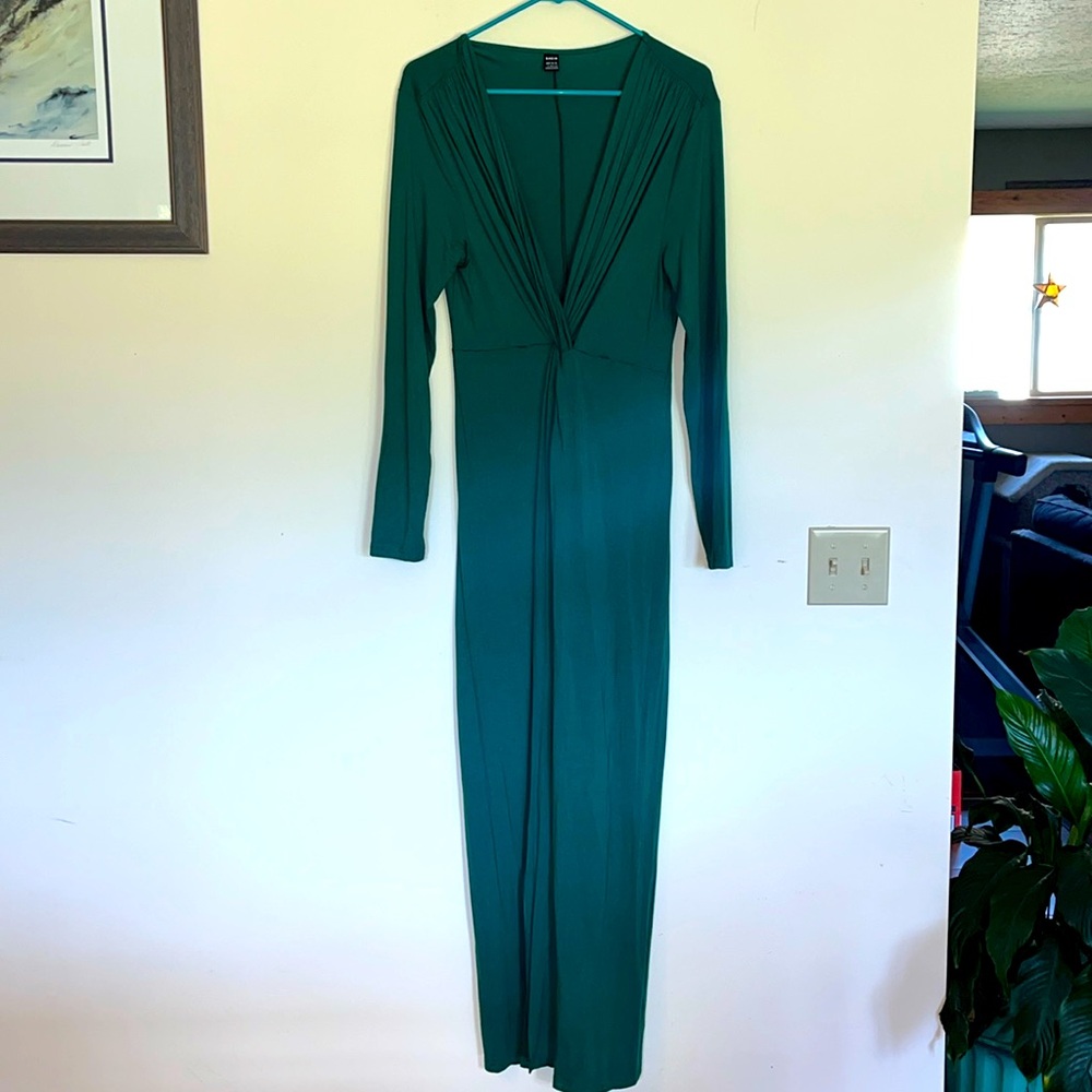 Full length emerald green body con dress